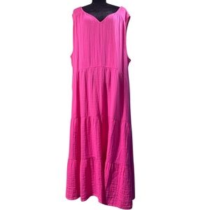 NWT Sonoma Goods For Life 100% Cotton Pink Tiered V-Neck Midi Dress Size 5X